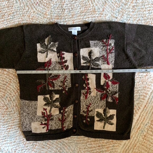 VTG Dress Barn Brown Cardigan Sweater Embroidered Floral Crewneck Grandpa Size L - Picture 6 of 12